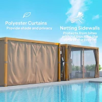 Outsunny 10' x 13' Outdoor Retractable Pergola w/ Sun Shade Louvered Top, Pergola w/ Canopy, Curtains, Netting, Natural Wood(m-5)