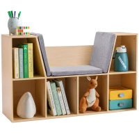 HOMCOM 6-Cubby Kids Bookcase with Reading Nook and Cushion, Multi-Purpose Storage Organizer for Bedroom, Living Room, Natural(m-1)