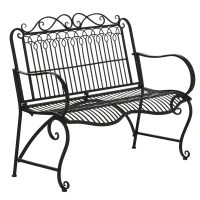 Outsunny Metal Park Bench for Front Porch, Loveseat Like 2 Person, Armrests, Steel Frame, European Antique Style Outdoor Furniture, Black(m-1)
