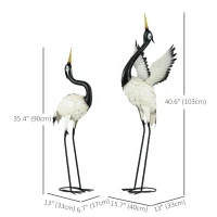 Outsunny Set of 2 Garden Sculptures Heron Statues Lawn Patio Backyard Ornaments, 35.4"-40.6", White and Black(m-3)