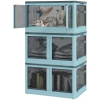 HOMCOM 3 Packs of Collapsible Stackable Storage Bins with Lids, Wheels, 32 Gal, Blue(m-1)