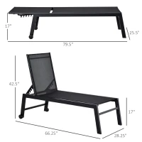 Outsunny Outdoor Chaise Lounge with Wheels, Five Position Recliner for Sunbathing, Suntanning, Steel Frame, Breathable Fabric for Beach, Yard, Patio, Black(m-3)