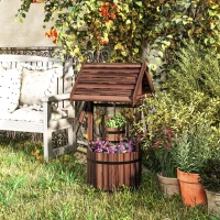 Outsunny Wood Wishing Well Outdoor Wooden Planter with Hanging Bucket and Drainage Hole for Garden, Patio, Backyard, Tan(m-1)