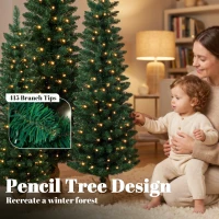HOMCOM Artificial Pencil Christmas Tree Set of 3, Pre-Lit Christmas Trees with PVC Tips and Warm White LED Lights, Green(m-6)