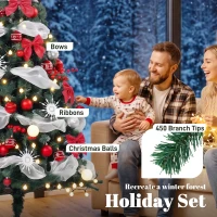 HOMCOM 5ft Prelit Christmas Tree Spruce, Remote, Hinged, Artificial Xmas Tree with 8 Modes, 450 Tips, 150 LEDs, Green Red(m-6)