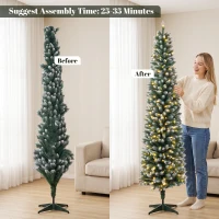 HOMCOM 6ft Pencil Prelit Christmas Tree, Dual Color LEDs, Flocked, Remote, Slim Xmas Tree with 11 Modes, Green White(m-7)
