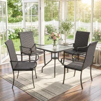 Outsunny Set of 4 Outdoor Wicker Dining Chairs with Armrest, Steel Frame, Highback and Deep Seating, Brown(m-7)