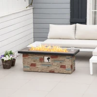 Outsunny 48 Inch Outdoor Propane Gas Fire Pit Table, 50,000 BTU Auto-Ignition Rectangular Faux Ledge Stone Gas Firepit with Lava Rocks and Rain Cover, CSA Certification, Brown(m-2)