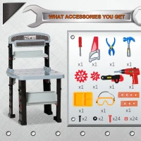 Qaba 2 in 1 Kids Workbench 79 Pcs Construction Playset Toy with Battery-Powered Drill, Hammer, Saw, Storage Tray for Ages 3+, Black and Gray(m-5)