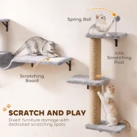 PawHut Cat Wall Shelves, 3-in-1 Wall-Mounted Cat Climber Set w/ Bed, Platforms, Hammock, Scratching Posts and Spring Ball(m-6)