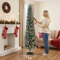 HOMCOM 6ft Pencil Prelit Christmas Tree, Dual Color LEDs, Flocked, Remote, Slim Xmas Tree with 11 Modes, Green White(m-3)