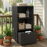 Outsunny Valet Pool Towel Rack, Water-Resistant PE Plastic Rattan Wicker Storage Organizer, 2 Shelves, 1 Basket Drawer(m-2)