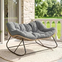 Outsunny Indoor Outdoor Double Papasan Rocking Chair, Oversized Rocking Egg Chair with Cushion for Garden, Patio, Gray(m-2)