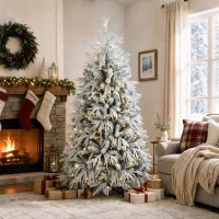 HOMCOM 6ft Prelit Flocked Christmas Tree, Artificial Norfolk Pine Downswept Hinged Xmas Tree with 250 LEDs, Green and White(m-1)