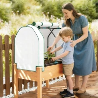 Outsunny Raised Garden Bed with PE Greenhouse Cover Outdoor Planter Box for Herbs and Vegetables, 35 x 22 x 47 inch, Sand(m-9)