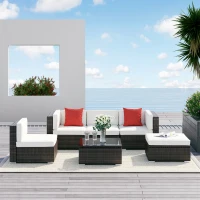 Outsunny 6 Piece Patio Furniture Set Outdoor Wicker Conversation Set All Weather PE Rattan Sectional Sofa Set with Ottoman, Cushions and Tempered Glass Table, Mixed Brown and Cream White(m-10)