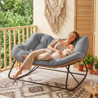 Outsunny Indoor Outdoor Double Papasan Rocking Chair, Oversized Rocking Egg Chair with Cushion for Garden, Patio, Gray(m-8)