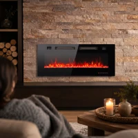 HOMCOM 42" Electric Fireplace, Ultra-Thin Recessed, Wall Mounted and Freestanding Fireplace w/ Flame Effect, 750W/1500W, Black(m-1)