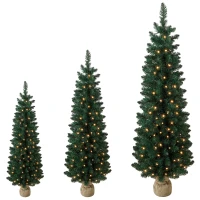 HOMCOM Artificial Pencil Christmas Tree Set of 3, Pre-Lit Christmas Trees with PVC Tips and Warm White LED Lights, Green(m-2)