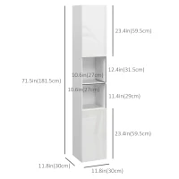 kleankin Tall Bathroom Cabinet, High Gloss Storage Cabinet with Doors and Adjustable Shelves, 11.8" x 11.8" x 71.5", White(m-3)