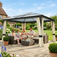 Outsunny 12' x 14' Hardtop Gazebo Canopy with Polycarbonate Roof, Aluminum Frame, Netting and Curtains, Brown(m-9)