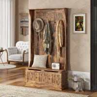 HOMCOM 3-In-1 Entryway Bench with Coat Rack, Hall Tree with Bench and Shoe Storage, 5 Hooks for Hallway Rustic Brown(m-10)