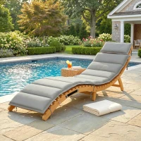 Outsunny Folding Chaise Lounge Chair Outdoor, Acacia Wood Lounger Tanning Chair with Cushion, Headrest, Light Grey(m-8)