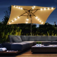 Outsunny 6.5x10ft Patio Umbrella Rectangle Solar Powered Tilt Aluminum Outdoor Market Parasol with LEDs Crank (Light Coffee)(m-1)
