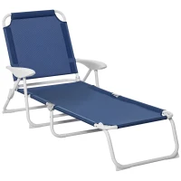 Outsunny Folding Lounge Chair, Portable Outdoor Chaise Lounge, Sun Tanning Chair with 4-Position Reclining Back, Armrests, Metal Frame and Mesh Fabric for Beach, Yard, Patio, Blue(m-1)