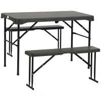 Outsunny Folding Picnic Table with 2 Benches, 3-Piece Portable Outdoor Picnic Table Bench Set for 4, Patio Dining Table Set with Plastic Top, Steel Frame for Garden, Dark Grey(m-9)