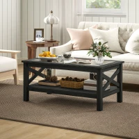 HOMCOM Coffee Table with Tempered Glass Tabletop, Living Room Table with Wood Frame and Underneath Storage Shelf, Black(m-8)