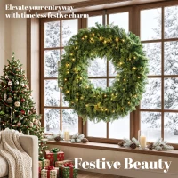 HOMCOM 48" Prelit Crestwood Spruce Artificial Christmas Wreath, Christmas Decor with Bow, LEDs, 8 Modes, Realistic Tips(m-4)