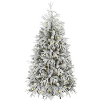 HOMCOM 6ft Prelit Flocked Christmas Tree, Artificial Norfolk Pine Downswept Hinged Xmas Tree with 250 LEDs, Green and White(m-2)