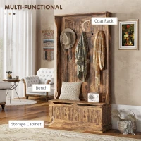 HOMCOM 3-In-1 Entryway Bench with Coat Rack, Hall Tree with Bench and Shoe Storage, 5 Hooks for Hallway Rustic Brown(m-4)