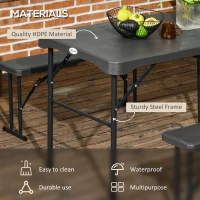 Outsunny Folding Picnic Table with 2 Benches, 3-Piece Portable Outdoor Picnic Table Bench Set for 4, Patio Dining Table Set with Plastic Top, Steel Frame for Garden, Dark Grey(m-4)