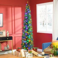 HOMCOM 8' Artificial Pencil Christmas Trees Holiday Decoration with Colorful LED Lights, Steel Base, Skinny Shape(m-2)