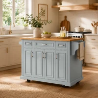 Rolling Kitchen Island with 4 Doors and Adjustable Shelves, Versatile Cart for Kitchen or Dining Room, 54'' L x 29.5'' W x 36'' H, Grey+Blue(m-1)