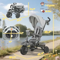 Qaba 6 in 1 Kids Tricycle with Adjustable Push Handle, Removable Canopy, Reversible Seat, for 1-5 Years, Gray(m-3)