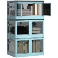 HOMCOM 3 Packs of Collapsible Stackable Storage Bins with Lids, Wheels, 32 Gal, Blue(m-11)