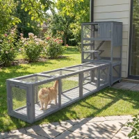 PawHut Wooden Cat Run with Weather Protection, Connecting Inside and Outside, 79"L x 15"W x 15"H, Dark Gray(m-2)
