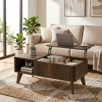 HOMCOM 40" Fluted Lift Top Coffee Table with Storage, Mid-Century Coffee Table with Hidden Compartment, Open Shelf, Walnut(m-8)