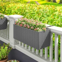 Outsunny 2 Pack 20 Inch Railing Flower Pots, Hanging Flower Pots with Hooks, Drainage Holes for Fence, Rattan Look, Gray(m-8)