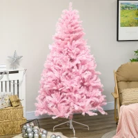 HOMCOM 6' Artificial Pink Christmas Trees, with Auto Open, Steel Base, Wide Shape for Indoor Xmas Decoration(m-10)
