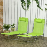 Outsunny Set of 2 Folding Chaise Lounge Chairs, Outdoor Poolside Sun Tanning Chairs w/ Pillow, Reclining Backrest, Green(m-1)