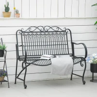 Outsunny Metal Park Bench for Front Porch, Loveseat Like 2 Person, Armrests, Steel Frame, European Antique Style Outdoor Furniture, Black(m-2)