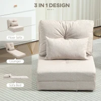 HOMCOM Floor Chair, Convertible Floor Sofa Bed, Folding Upholstered Couch Bed with Adjustable Backrest, Beige(m-5)