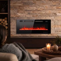 HOMCOM 50" Electric Fireplace, Ultra-Thin Recessed, Wall Mounted and Freestanding Fireplace w/ Flame Effect, 750W/1500W, Black(m-1)