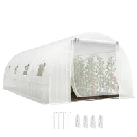Outsunny Walk-in Tunnel Greenhouse with 2 Support Rods, Mesh Door, Plant Hot House with PE Cover, 20'x10'x7', White(m-9)