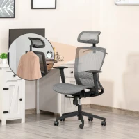 Vinsetto High-Back Mesh Home Office Chair with Coat Hanger, Computer Task Chair with Adjustable Height, Arms, Headrest and Lumbar Support, 360° Wheels and Seat, Reclining Function, Grey(m-2)