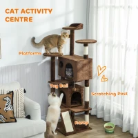 PawHut 63" Cat Tree, Multi-Level Cat Tower with Scratching Posts, Cat Condos, Bed, Platforms, Ramp, Toy Ball, Light Brown(m-4)